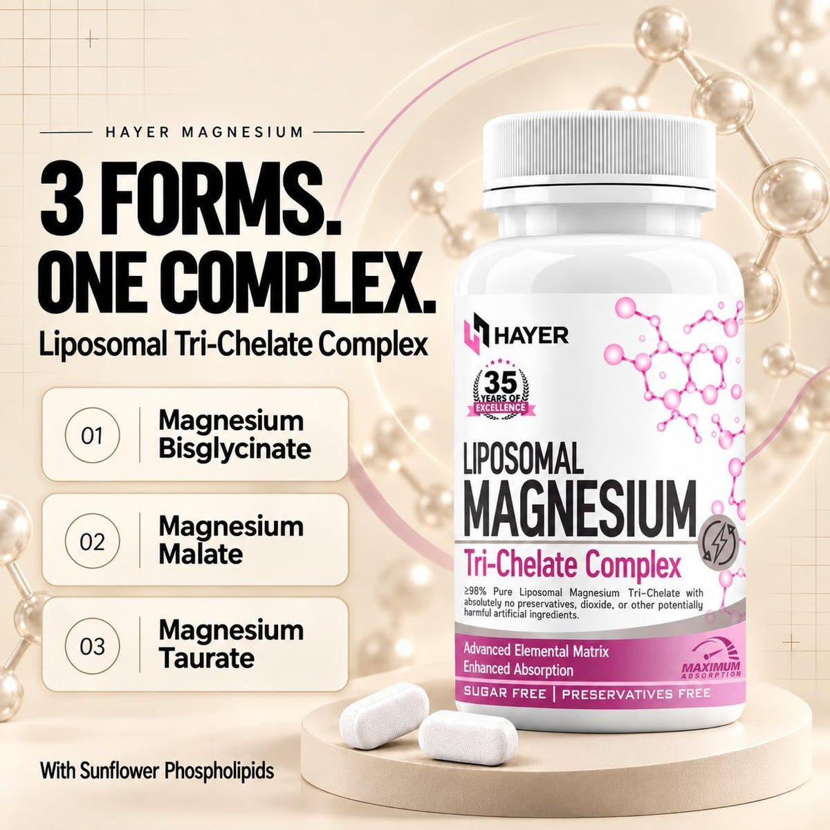HAYER Liposomal Magnesium Glycinate Tri-Chelate (Bisglycinate, Malate & Taurate) 60 Veg Tablets