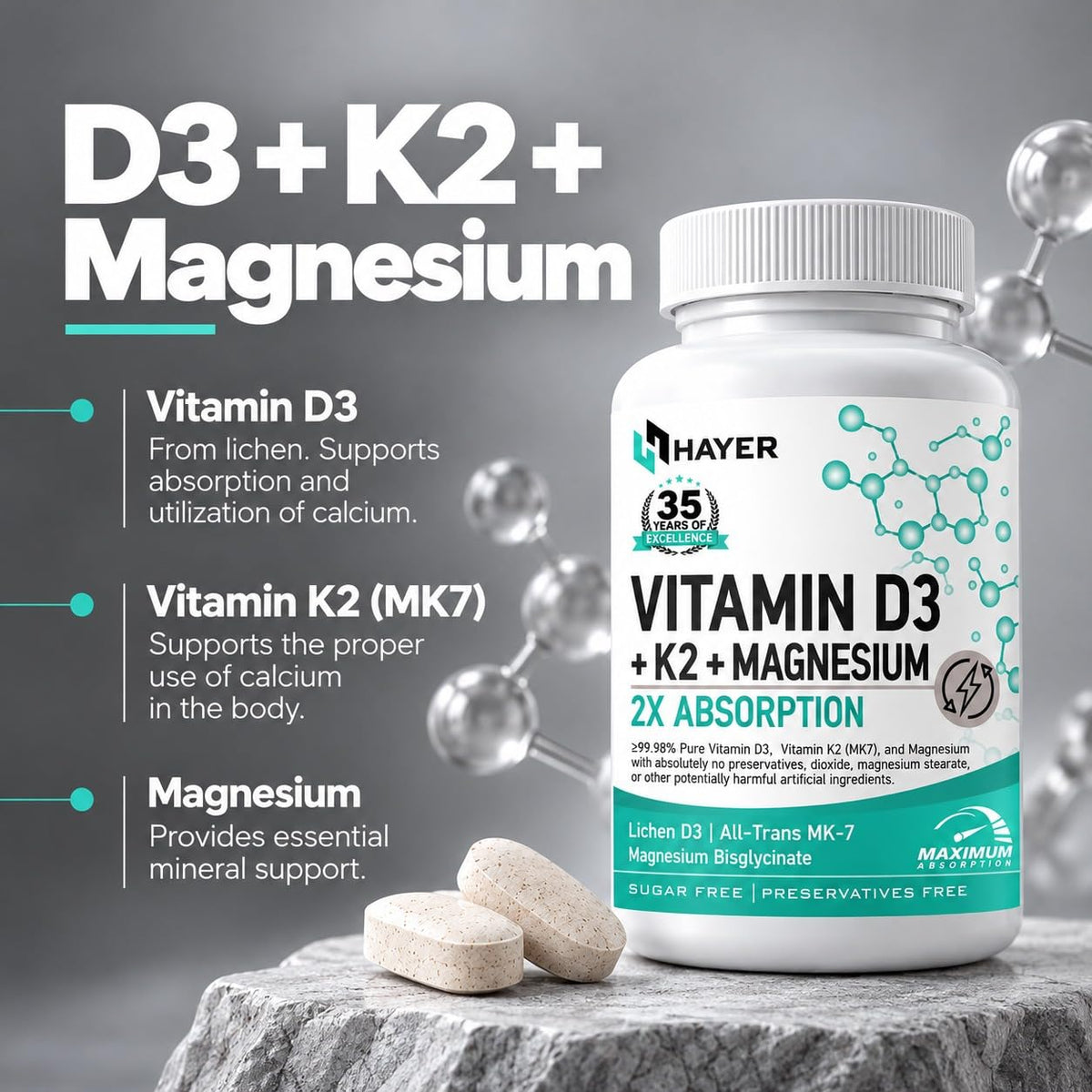 HAYER D3 K2 MK7 + Magnesium Glycinate & B12 | Bone & Heart Support