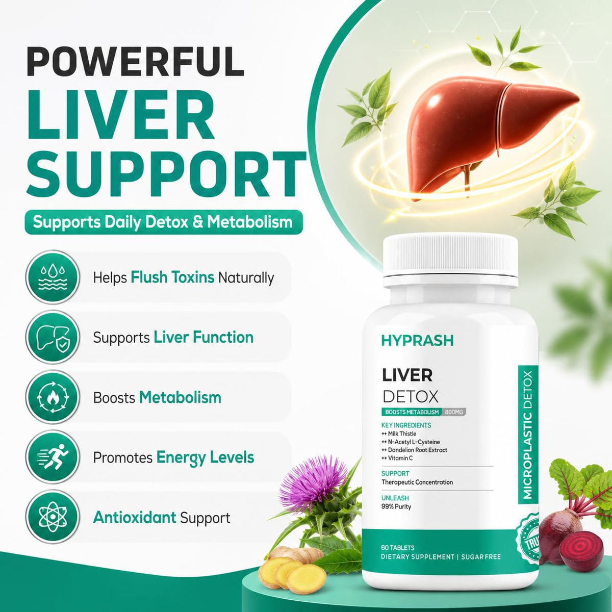 HYPRASH Liver Detox Tablets 800mg | Milk Thistle & NAC | 60 Tablets