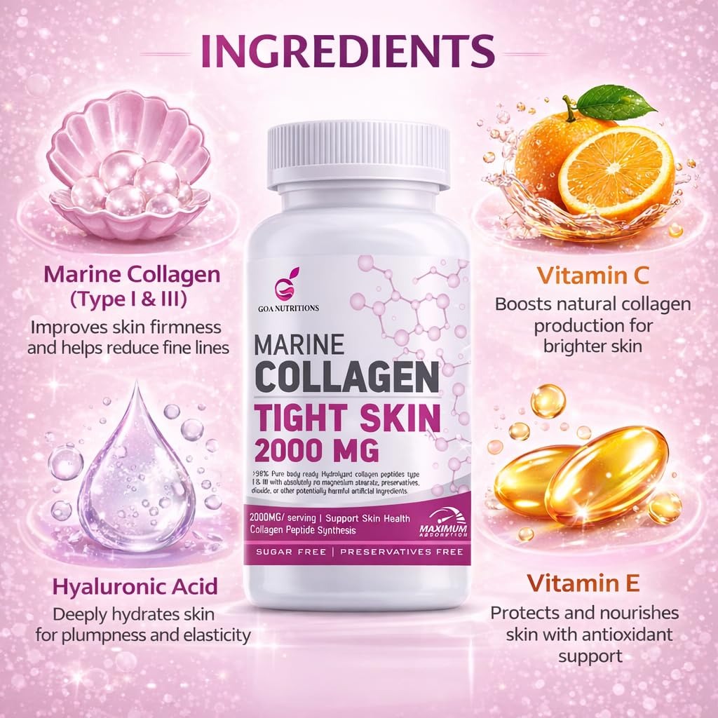 GOA NUTRITIONS Marine Collagen Powder for Skin, Hair Supplement for Men, Women - 90 Tablets