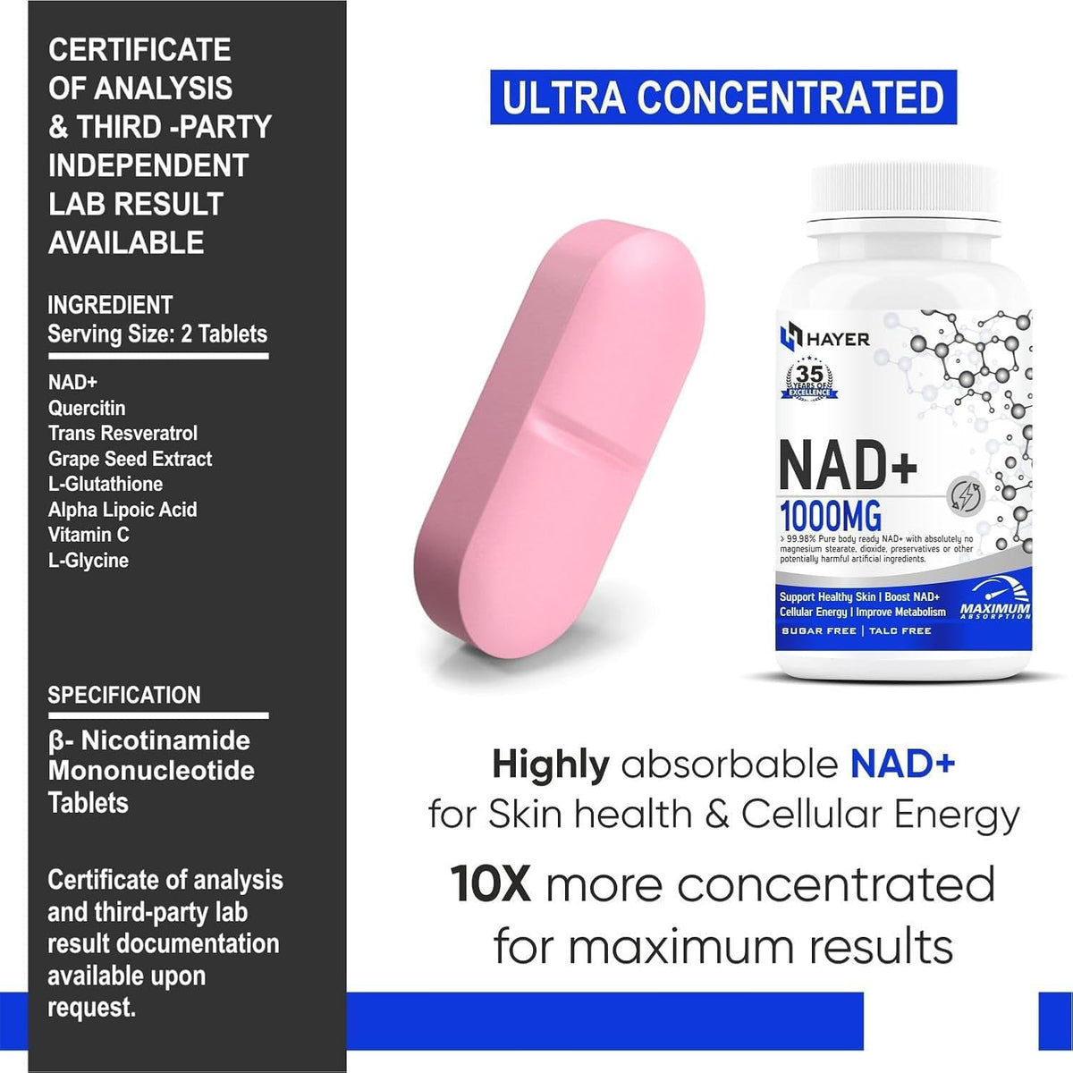 HAYER NAD+ 1000mg with Trans Resveratrol & Quercetin 120 NAD Tablets