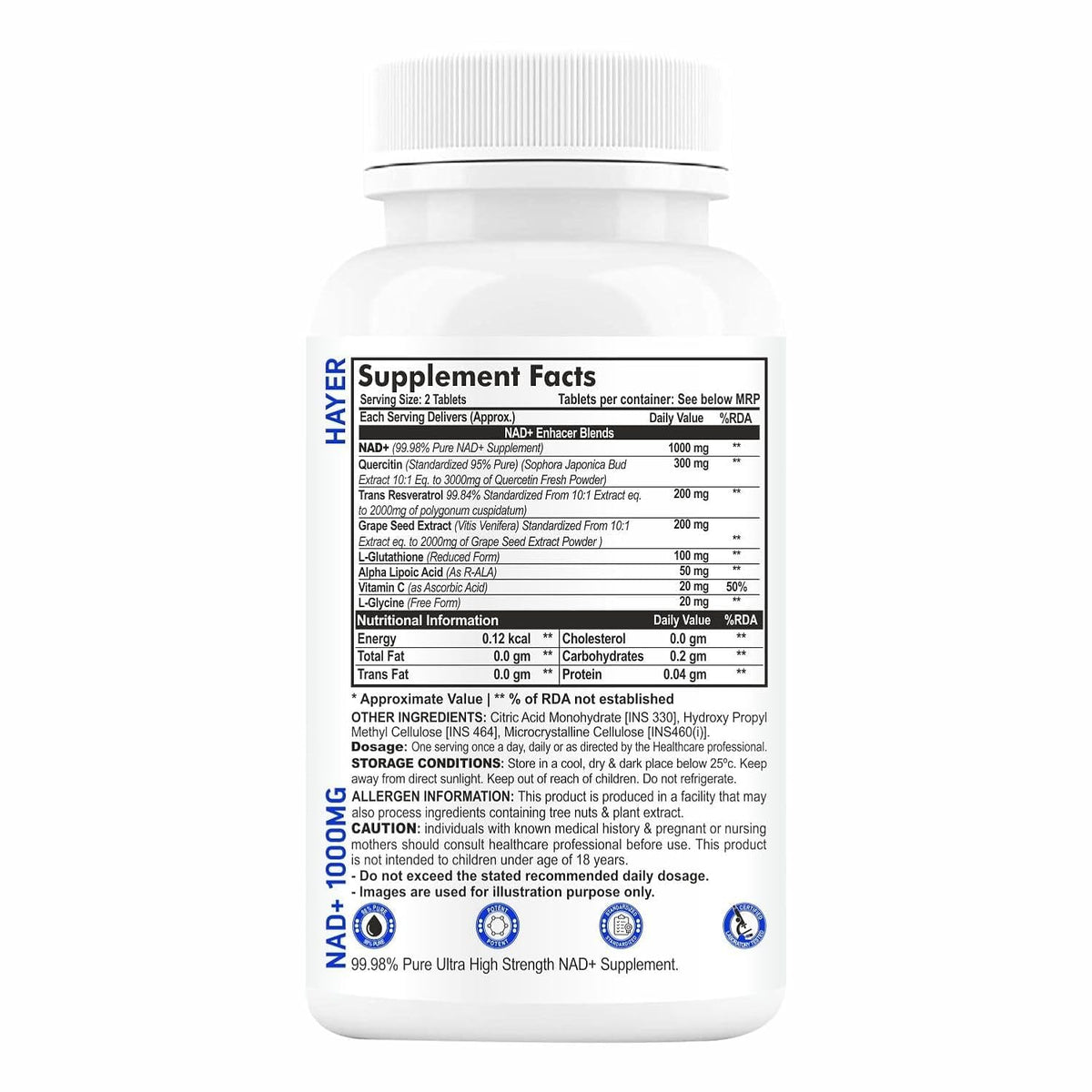 HAYER NAD+ 1000mg with Trans Resveratrol & Quercetin 120 NAD Tablets