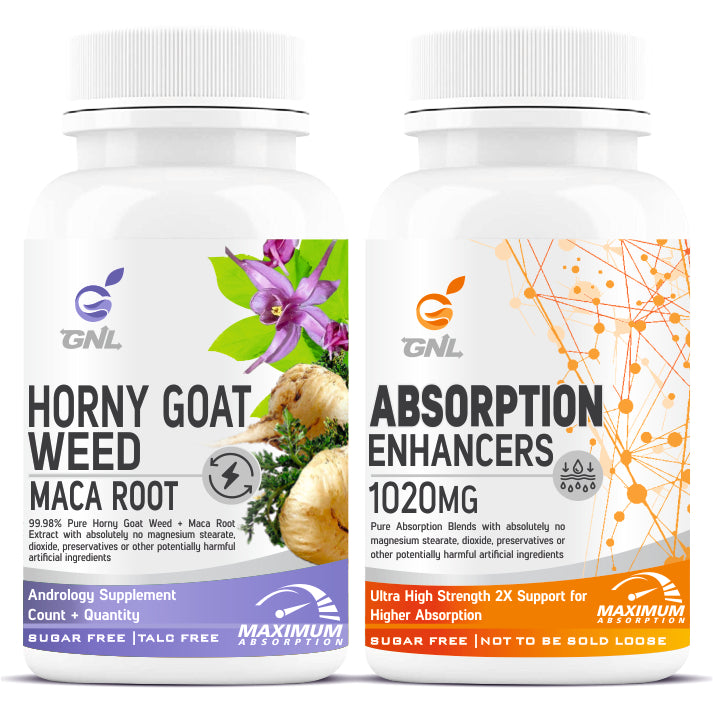 GNL Horny Goat Weed Powder And Maca Root, Organic Dietary Supplement With Absorption Enhancers 1000mg-60 Sugar Free Tablets