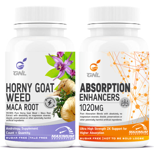 GNL Horny Goat Weed Powder And Maca Root, Organic Dietary Supplement With Absorption Enhancers 1000mg-60 Sugar Free Tablets