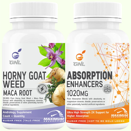 GNL Horny Goat Weed Powder And Maca Root, Organic Dietary Supplement With Absorption Enhancers 1000mg-60 Sugar Free Tablets