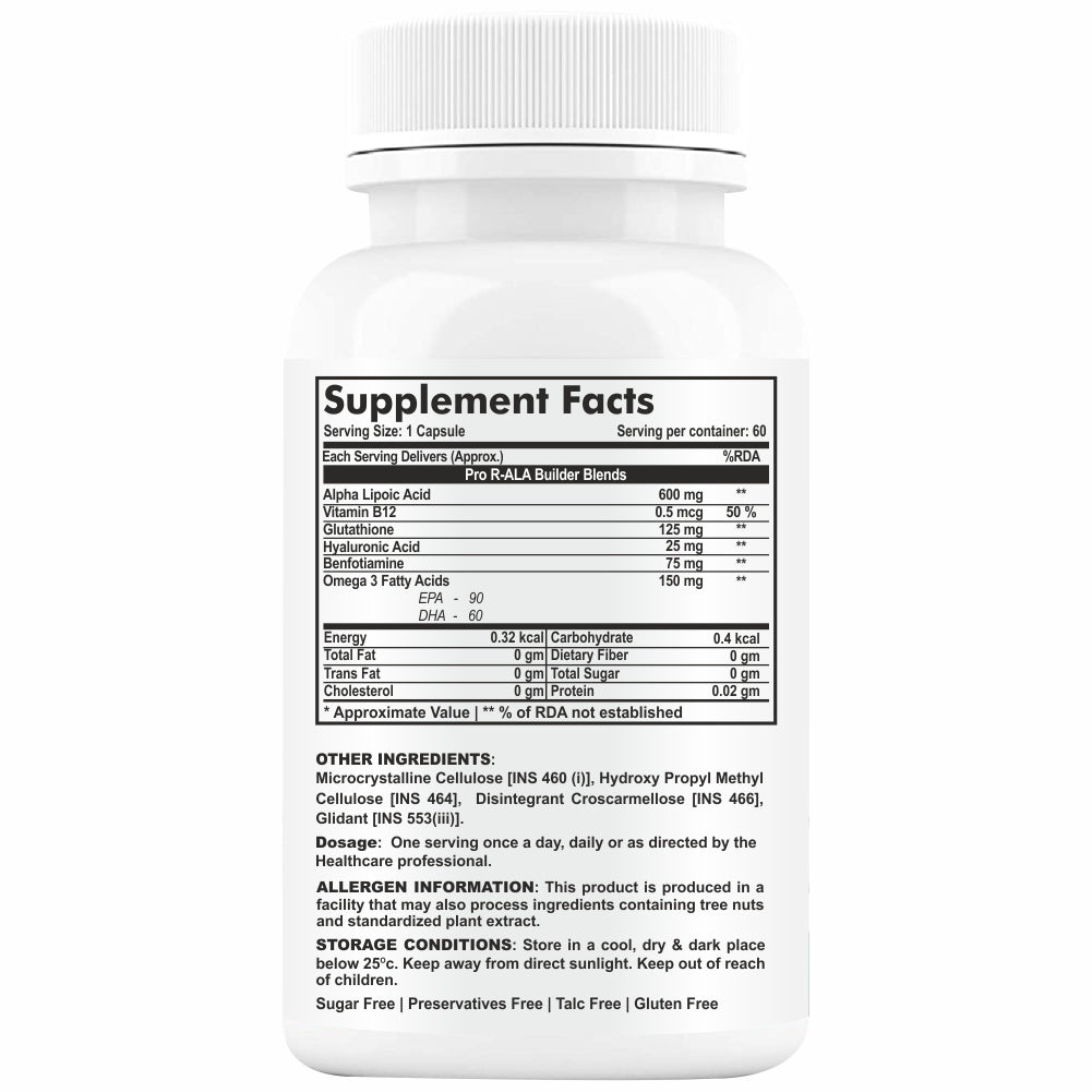 GOA NUTRITIONS R-Alpha Lipoic Acid 600mg, Glutathione, Vitamin B12, Hyaluronic Acid 60 Tablet