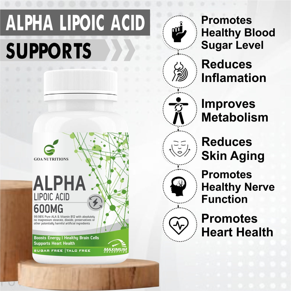 GOA NUTRITIONS R-Alpha Lipoic Acid 600mg, Glutathione, Vitamin B12, Hyaluronic Acid 60 Tablet