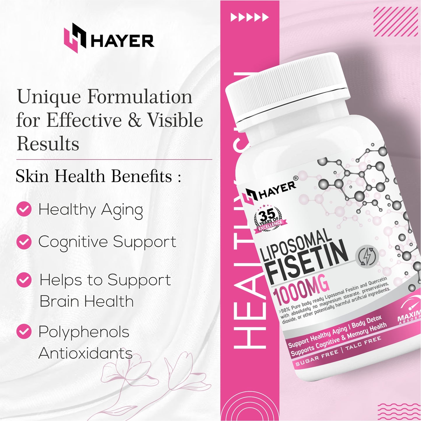 HAYER Liposomal Fisetin Supplement 1200mg With Quercetin, 30 Tablets