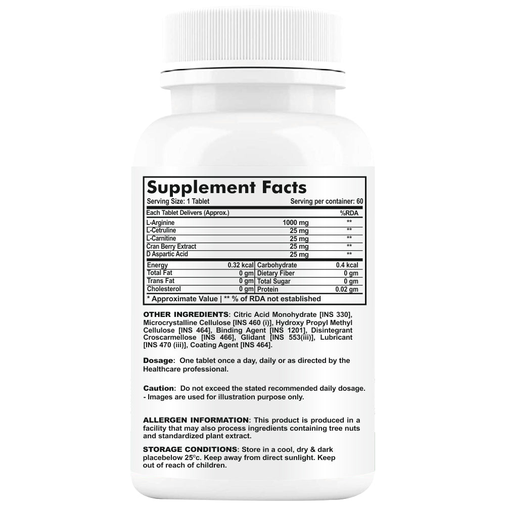 GNL L Arginine 1000mg Nitric Oxide Supplement with l carnitine, L Citrulline - 60 Veg No Sugar Tablets