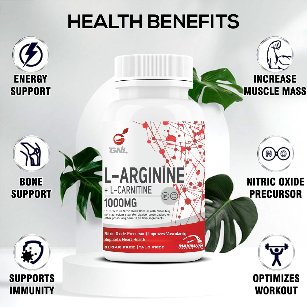 GNL L Arginine 1000mg Nitric Oxide Supplement with l carnitine, L Citrulline - 60 Veg No Sugar Tablets