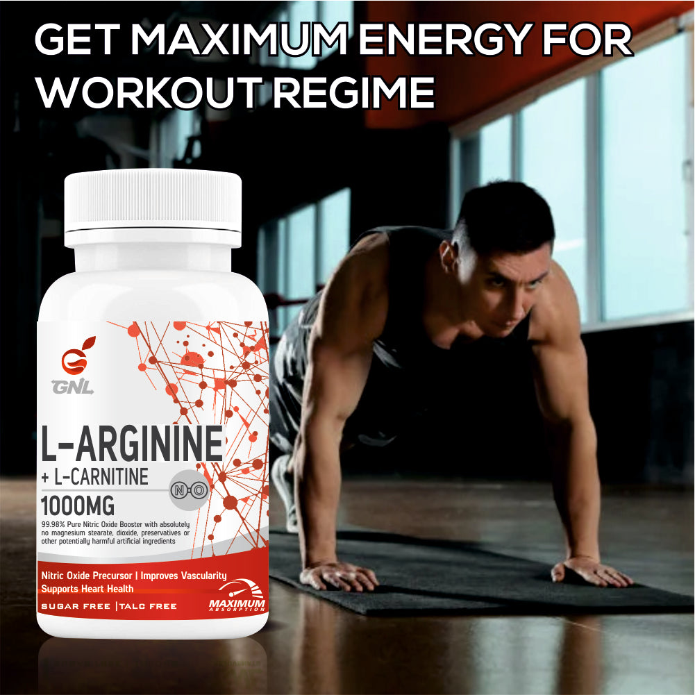 GNL L Arginine 1000mg Nitric Oxide Supplement with l carnitine, L Citrulline - 60 Veg No Sugar Tablets