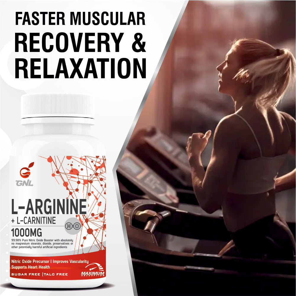 GNL L Arginine 1000mg Nitric Oxide Supplement with l carnitine, L Citrulline - 60 Veg No Sugar Tablets