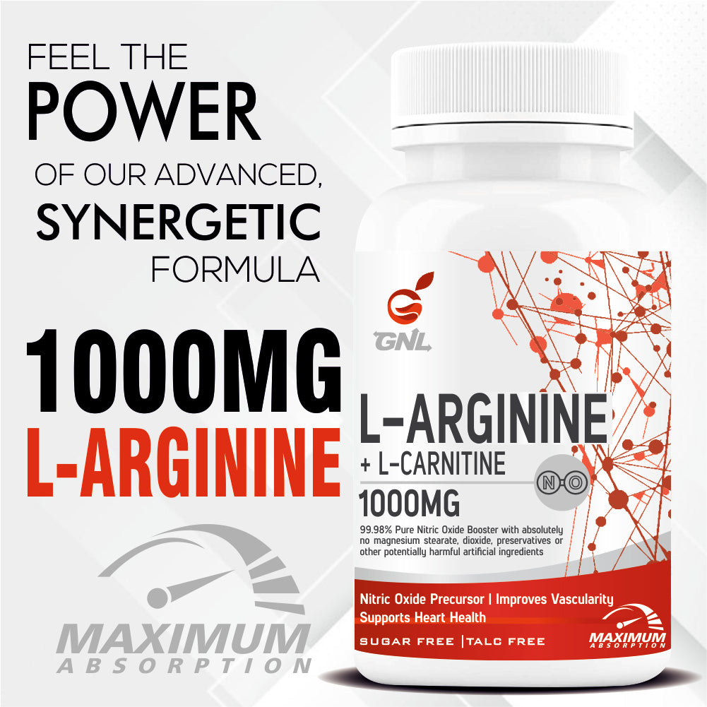 GNL L Arginine 1000mg Nitric Oxide Supplement with l carnitine, L Citrulline - 60 Veg No Sugar Tablets