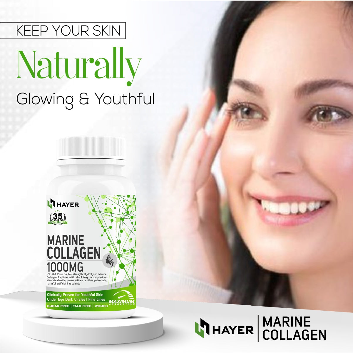 HAYER Marine Collagen Supplements For Women, For Skin Glow & Beauty Gluten & Sugar Free-60 Tablets