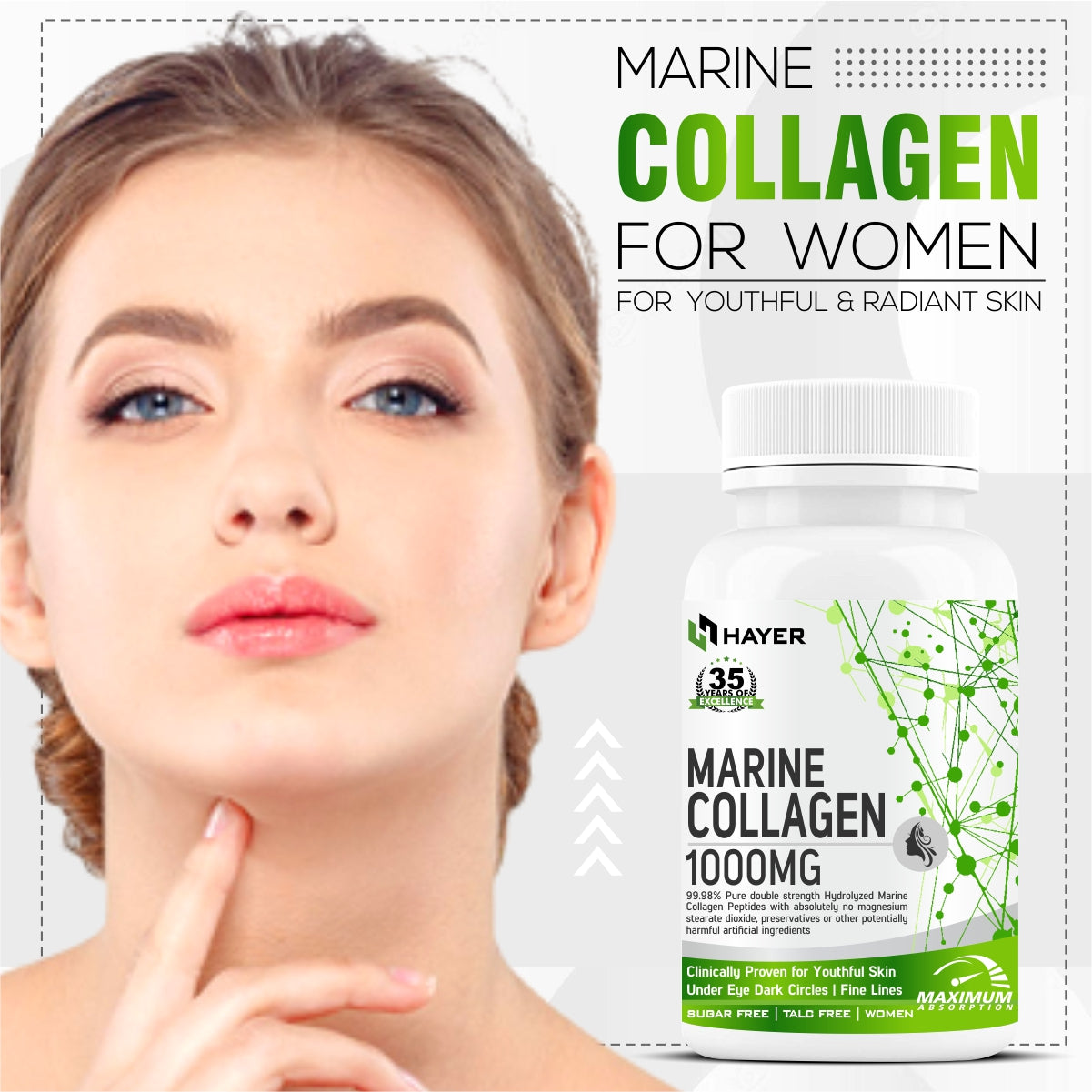 HAYER Marine Collagen Supplements For Women, For Skin Glow & Beauty Gluten & Sugar Free-60 Tablets