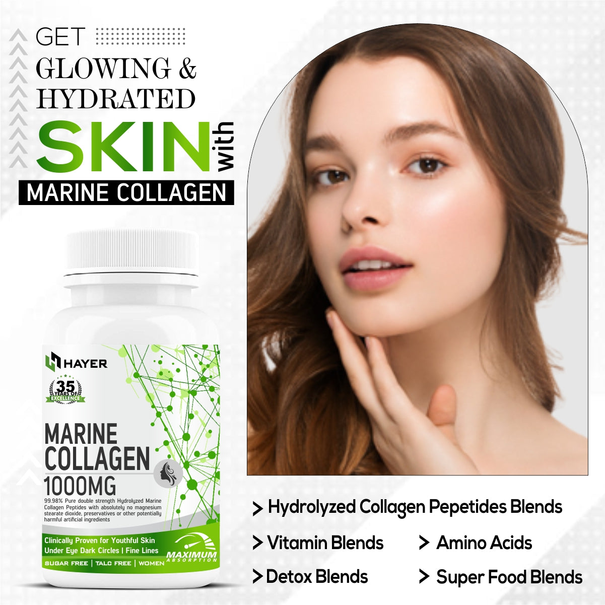 HAYER Marine Collagen Supplements For Women, For Skin Glow & Beauty Gluten & Sugar Free-60 Tablets