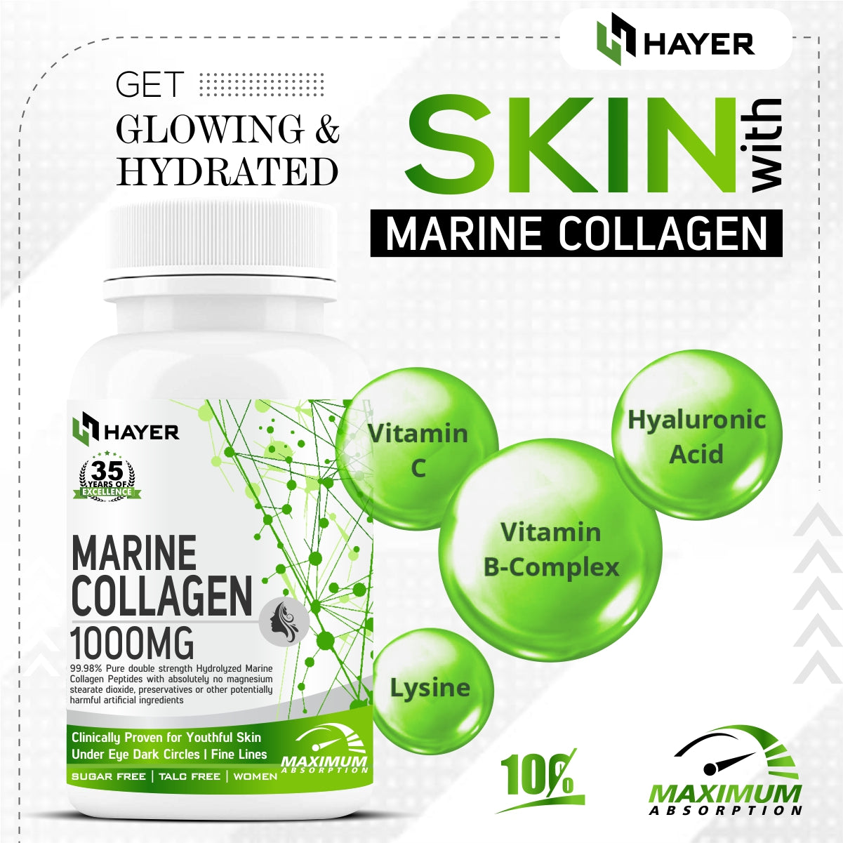 HAYER Marine Collagen Supplements For Women, For Skin Glow & Beauty Gluten & Sugar Free-60 Tablets