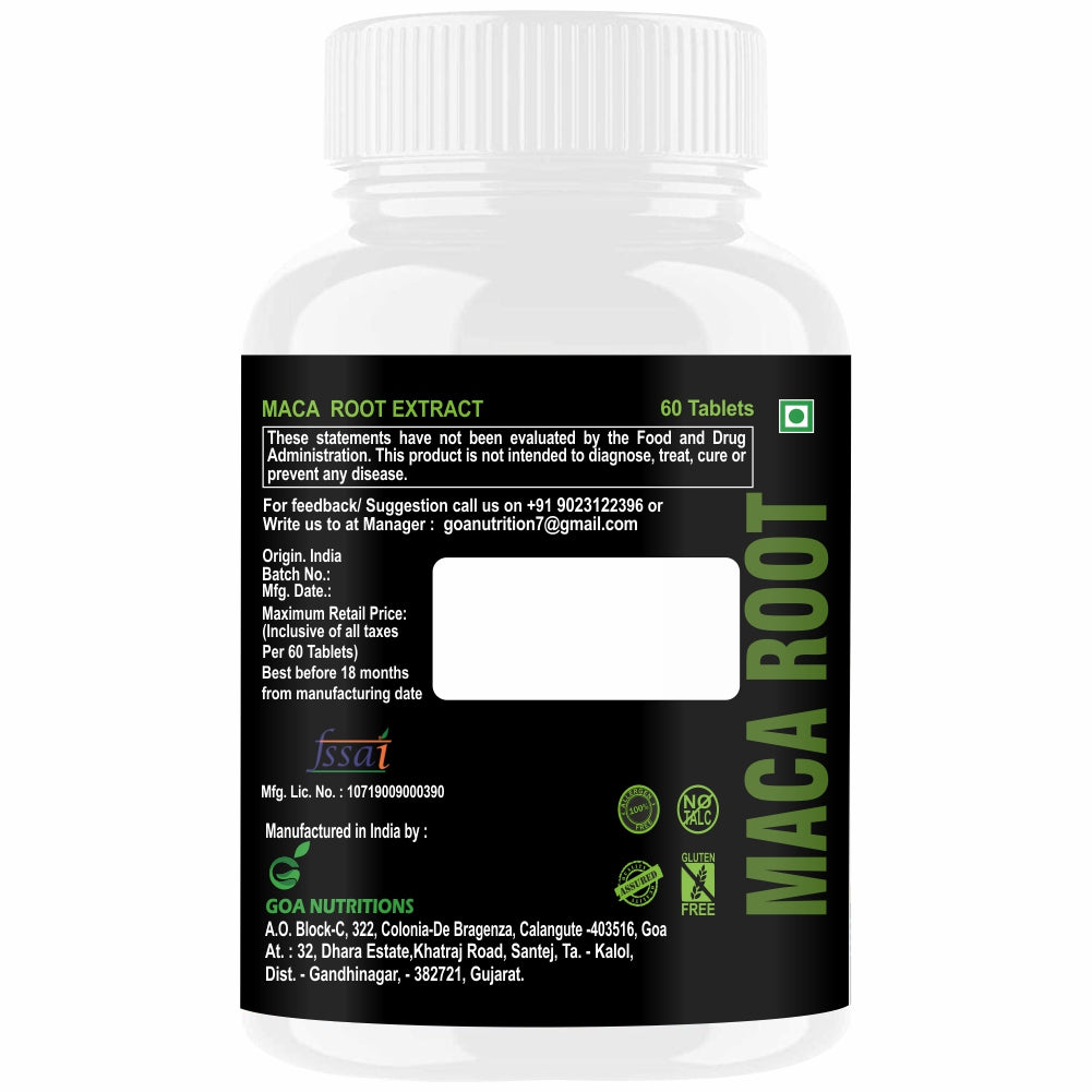 GOA NUTRITIONS Maca Root Extract Adaptogen Complex Red, Black and Yellow Grade, As Dietary Supplement, No Sugar, Preservatives, And Talc -60 Tablets