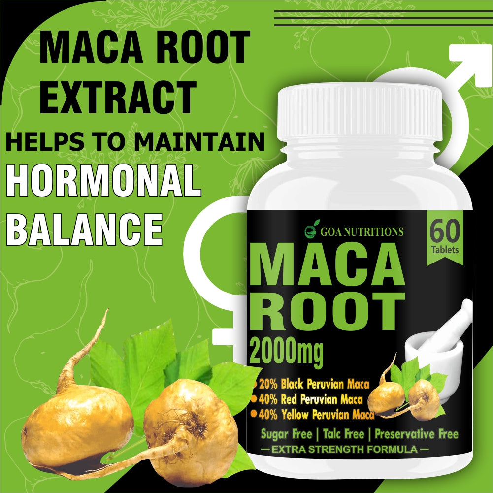 GOA NUTRITIONS Maca Root Extract Adaptogen Complex Red, Black and Yellow Grade, As Dietary Supplement, No Sugar, Preservatives, And Talc -60 Tablets