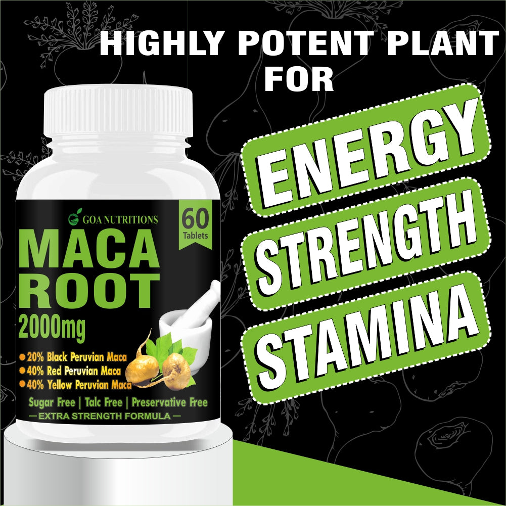 GOA NUTRITIONS Maca Root Extract Adaptogen Complex Red, Black and Yellow Grade, As Dietary Supplement, No Sugar, Preservatives, And Talc -60 Tablets