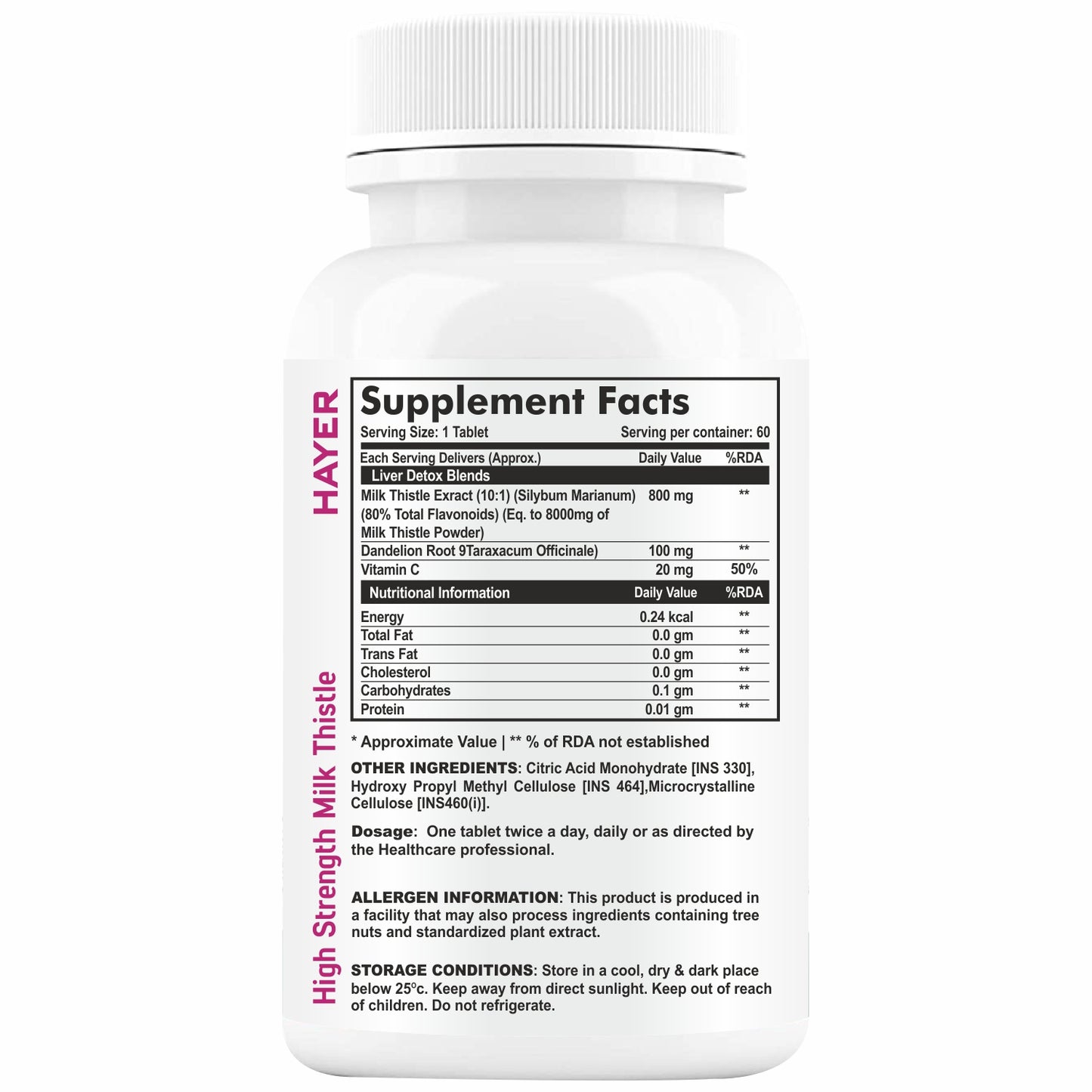 HAYER Milk Thistle Supplements With Dandelion Root Extract 60 Organic Tablets