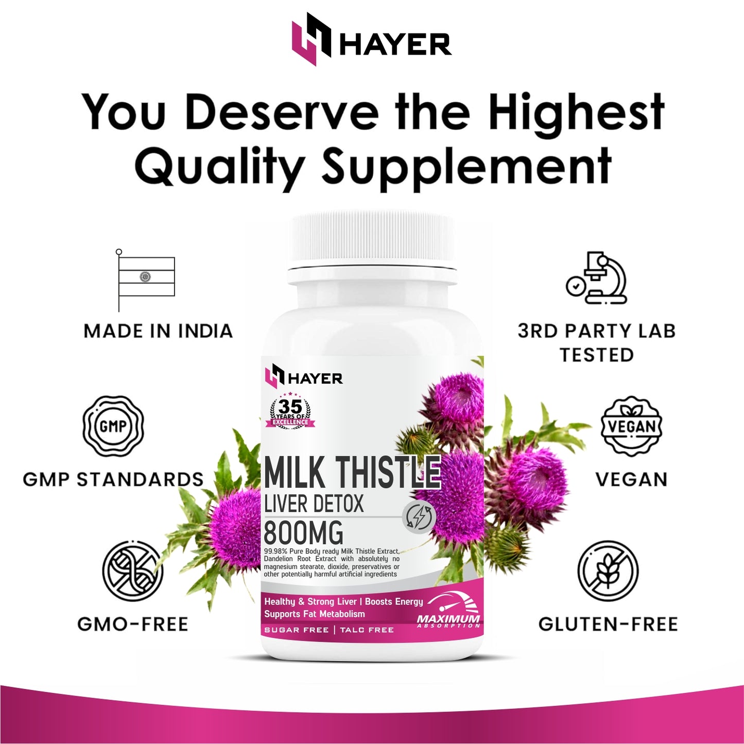 HAYER Milk Thistle Supplements With Dandelion Root Extract 60 Organic Tablets