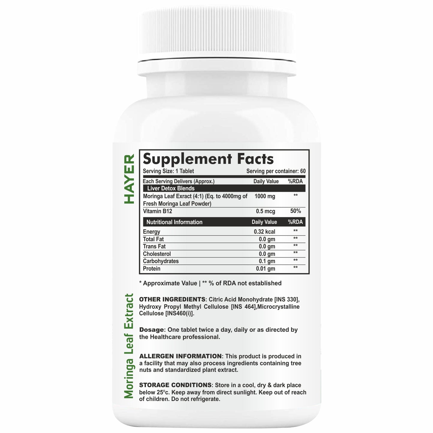 HAYER Moringa Tablets 1000MG Organic Leaf Powder, Good Health Supplement-60 Tablet
