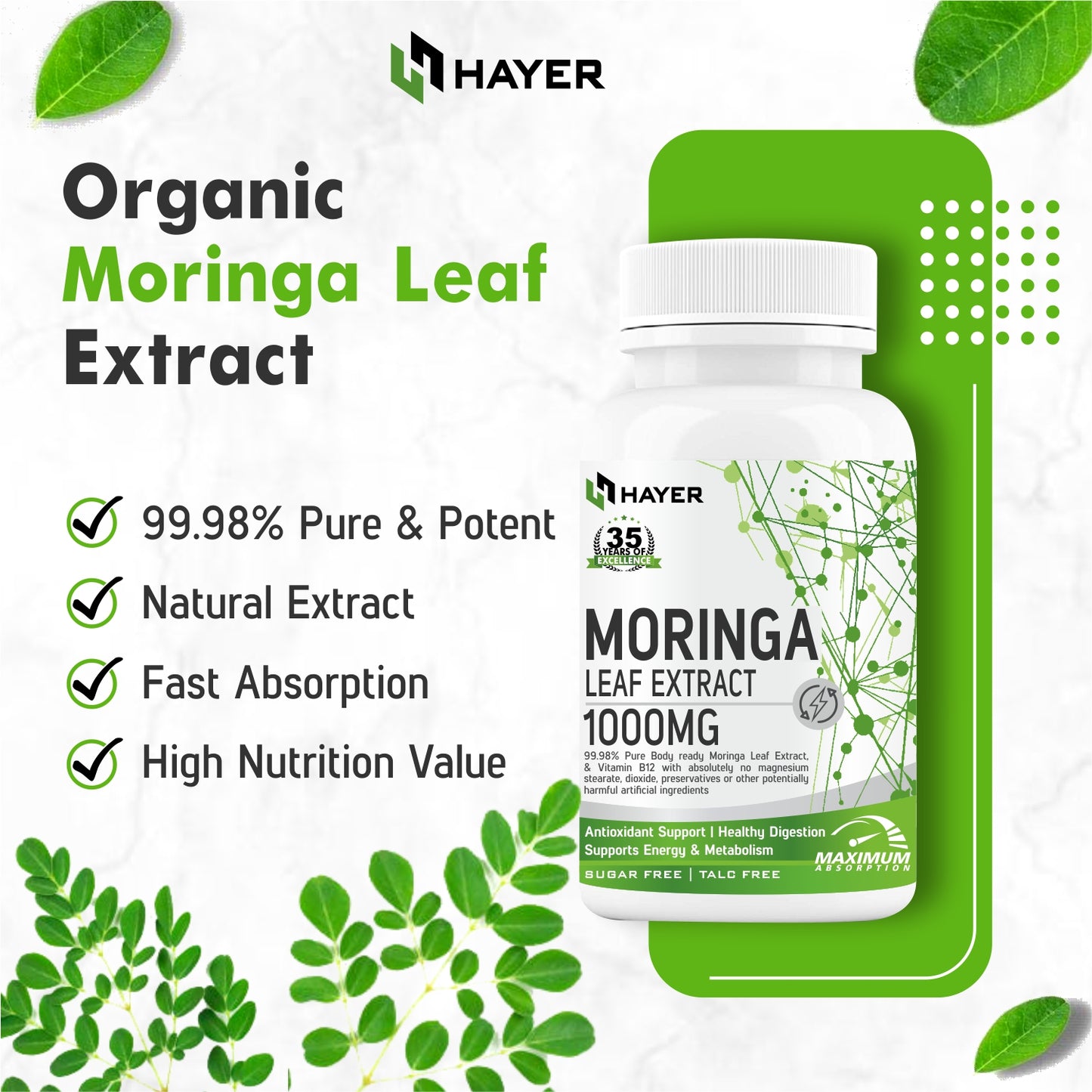 HAYER Moringa Tablets 1000MG Organic Leaf Powder, Good Health Supplement-60 Tablet
