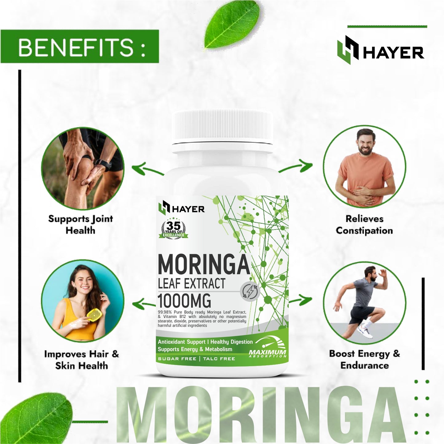 HAYER Moringa Tablets 1000MG Organic Leaf Powder, Good Health Supplement-60 Tablet
