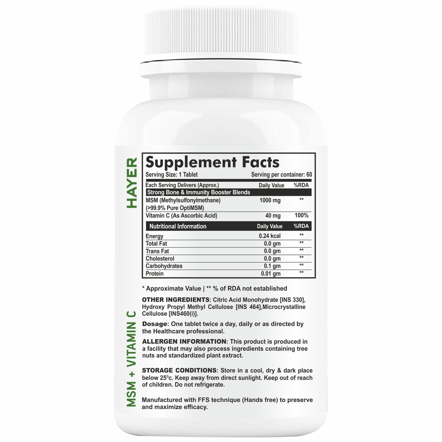 HAYER MSM (Methyl Sulfonyl Methane) Powder Supplements, Joint Support Supplement-60 Tablets