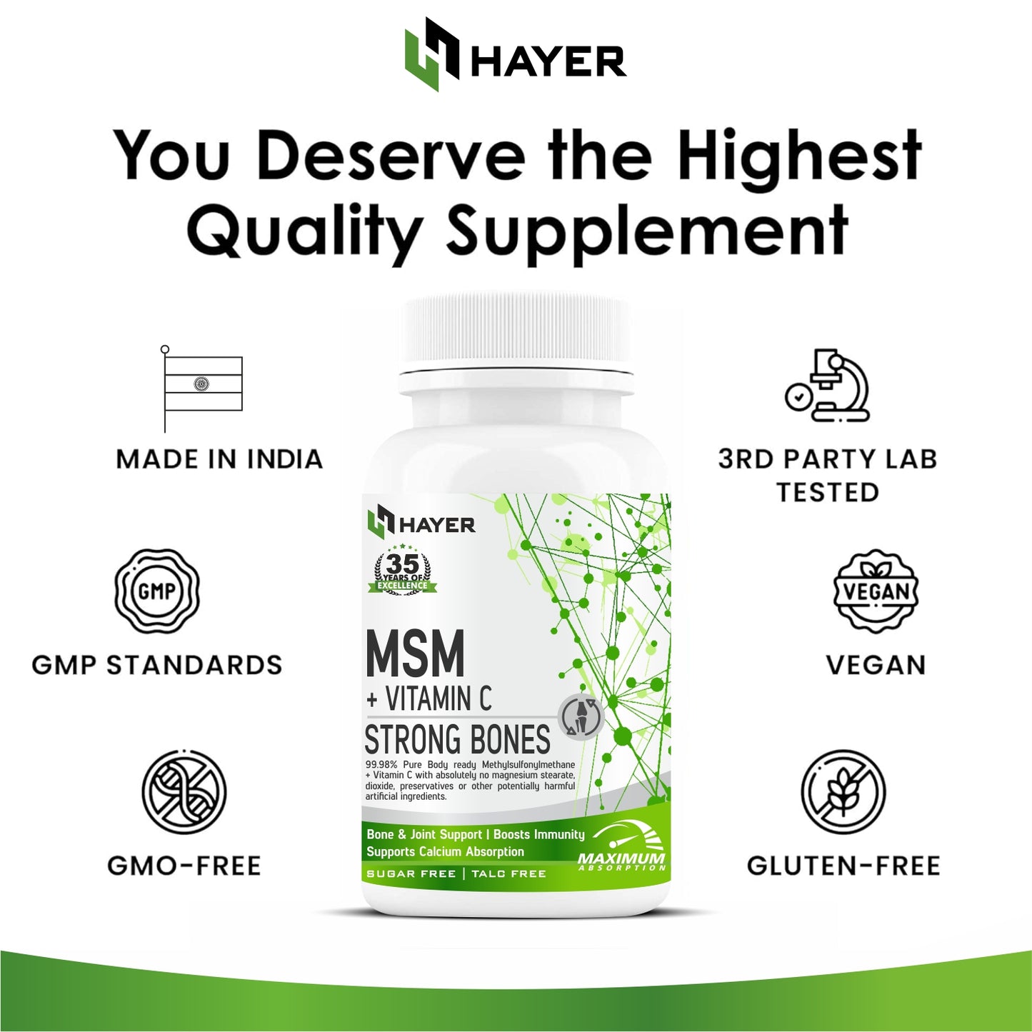 HAYER MSM (Methyl Sulfonyl Methane) Powder Supplements, Joint Support Supplement-60 Tablets