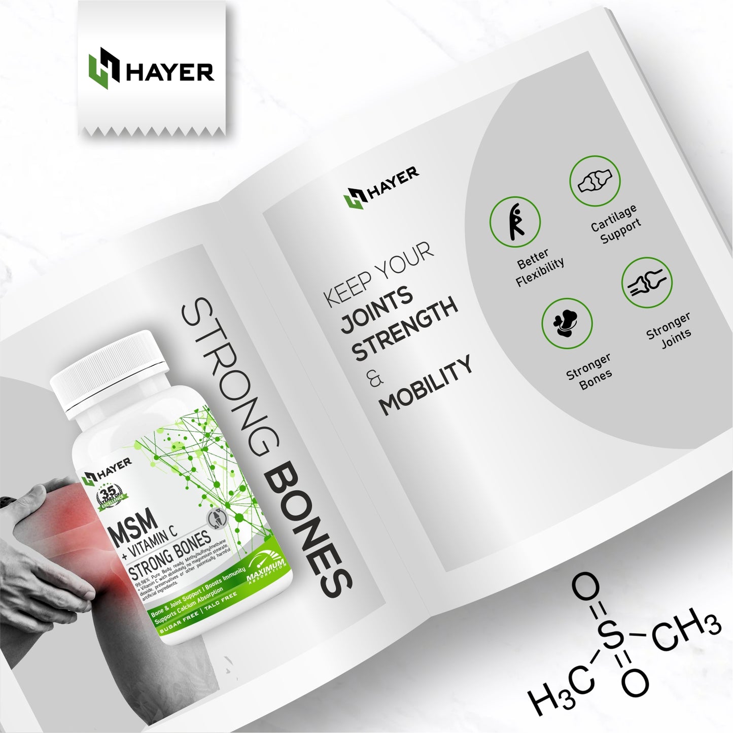 HAYER MSM (Methyl Sulfonyl Methane) Powder Supplements, Joint Support Supplement-60 Tablets