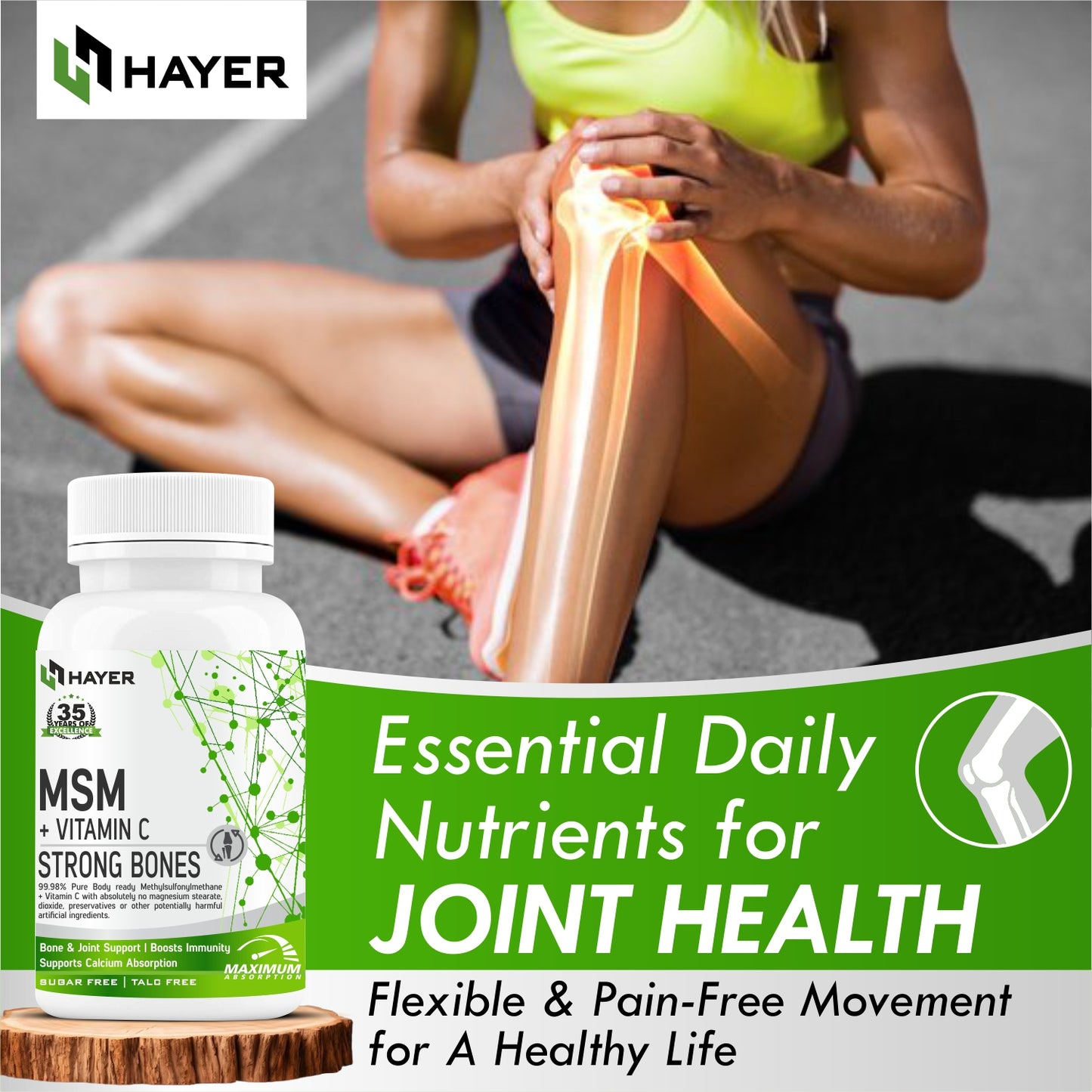 HAYER MSM (Methyl Sulfonyl Methane) Powder Supplements, Joint Support Supplement-60 Tablets