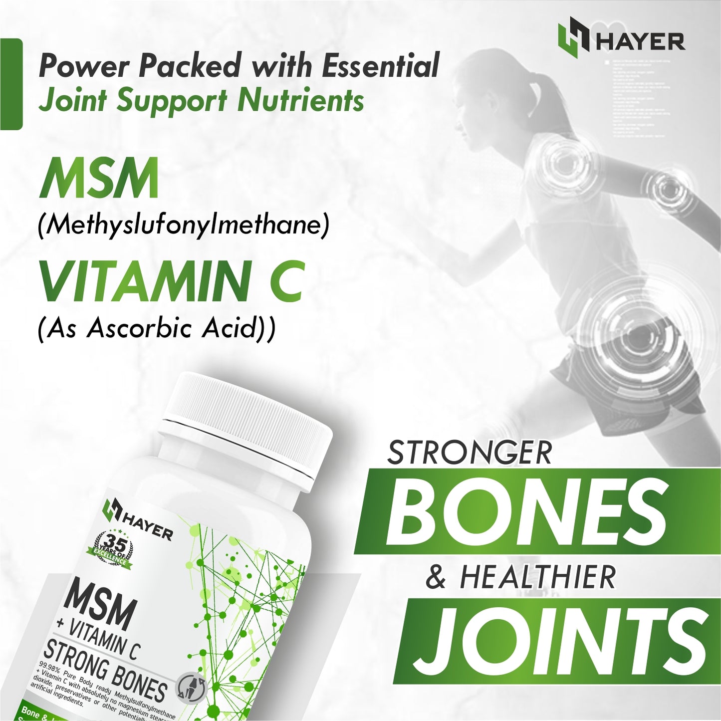 HAYER MSM (Methyl Sulfonyl Methane) Powder Supplements, Joint Support Supplement-60 Tablets