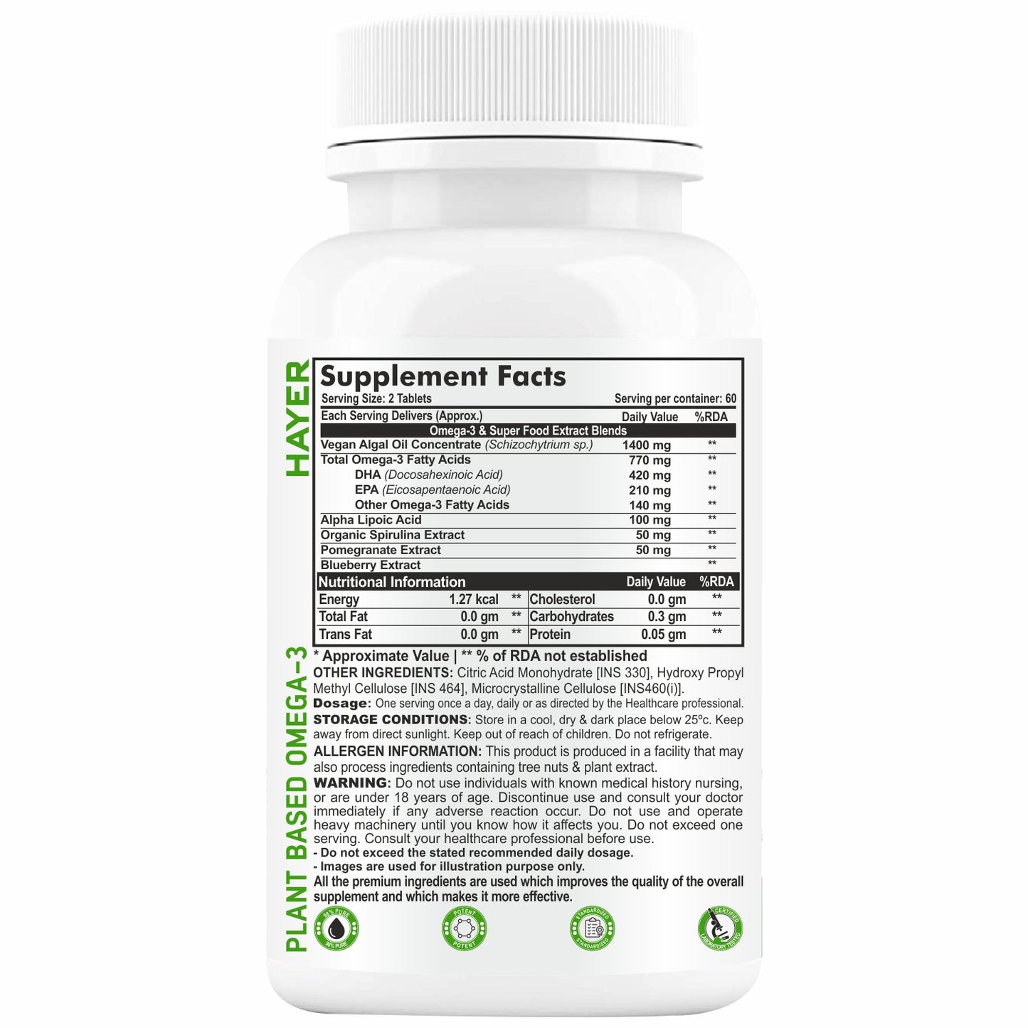omega 3 vegetarian fish oil alternative supplement, high fatty acid EPA, DHA -60 Tablets