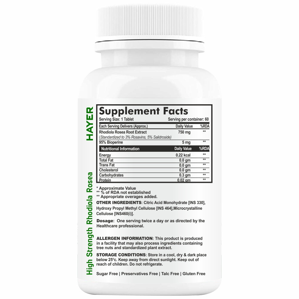 HAYER Rhodiola Rosea 750mg, High Potency Adaptogenic Herb Supplement For Brain 60 Vegetarian Tablets