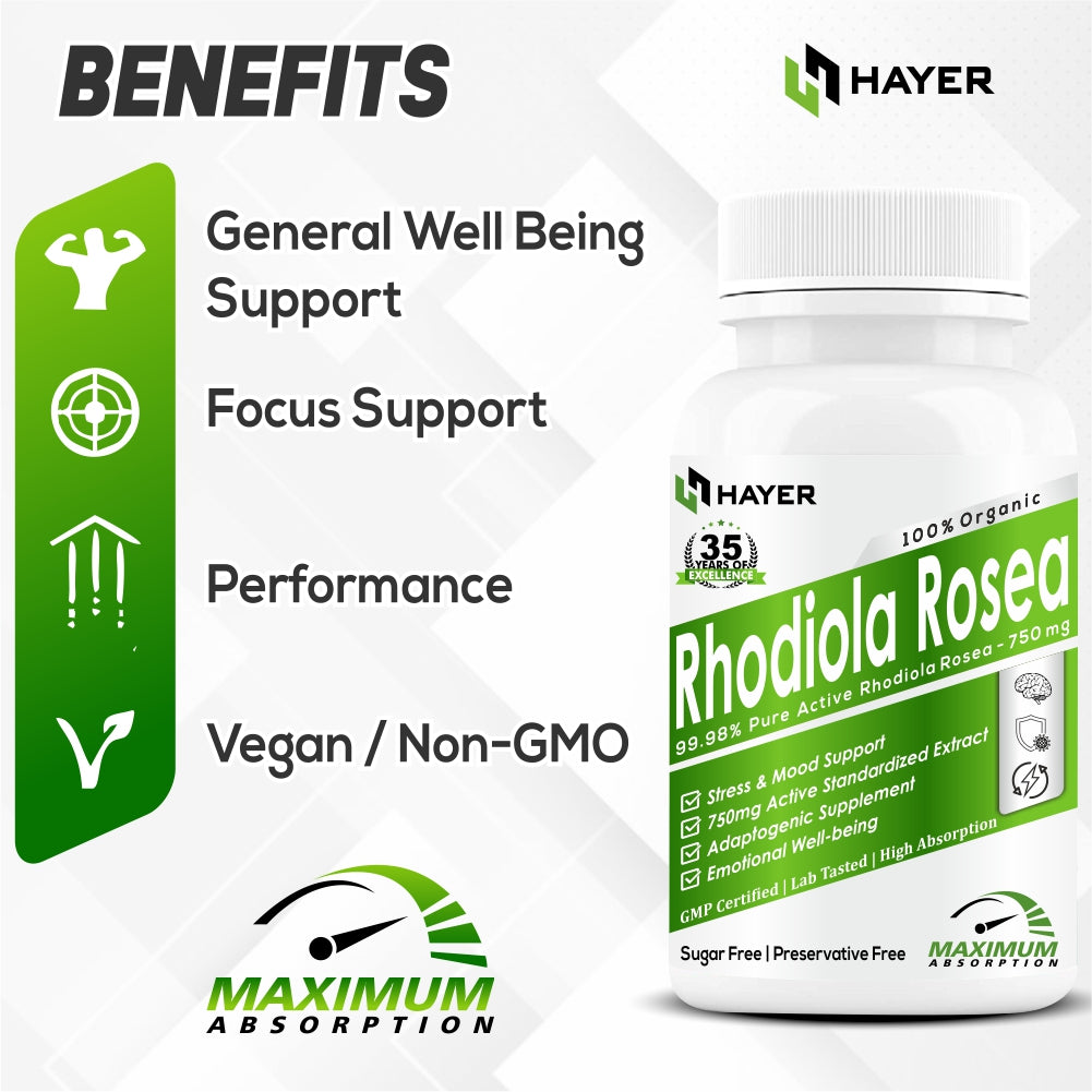 HAYER Rhodiola Rosea 750mg, High Potency Adaptogenic Herb Supplement For Brain 60 Vegetarian Tablets