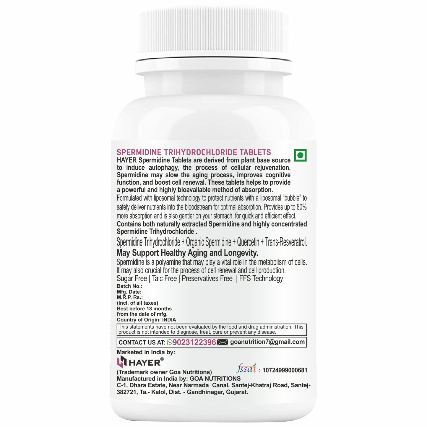 HAYER Liposomal Spermidine Supplement,98%+ Highly Purified and Bioavailable, 30 Tablets