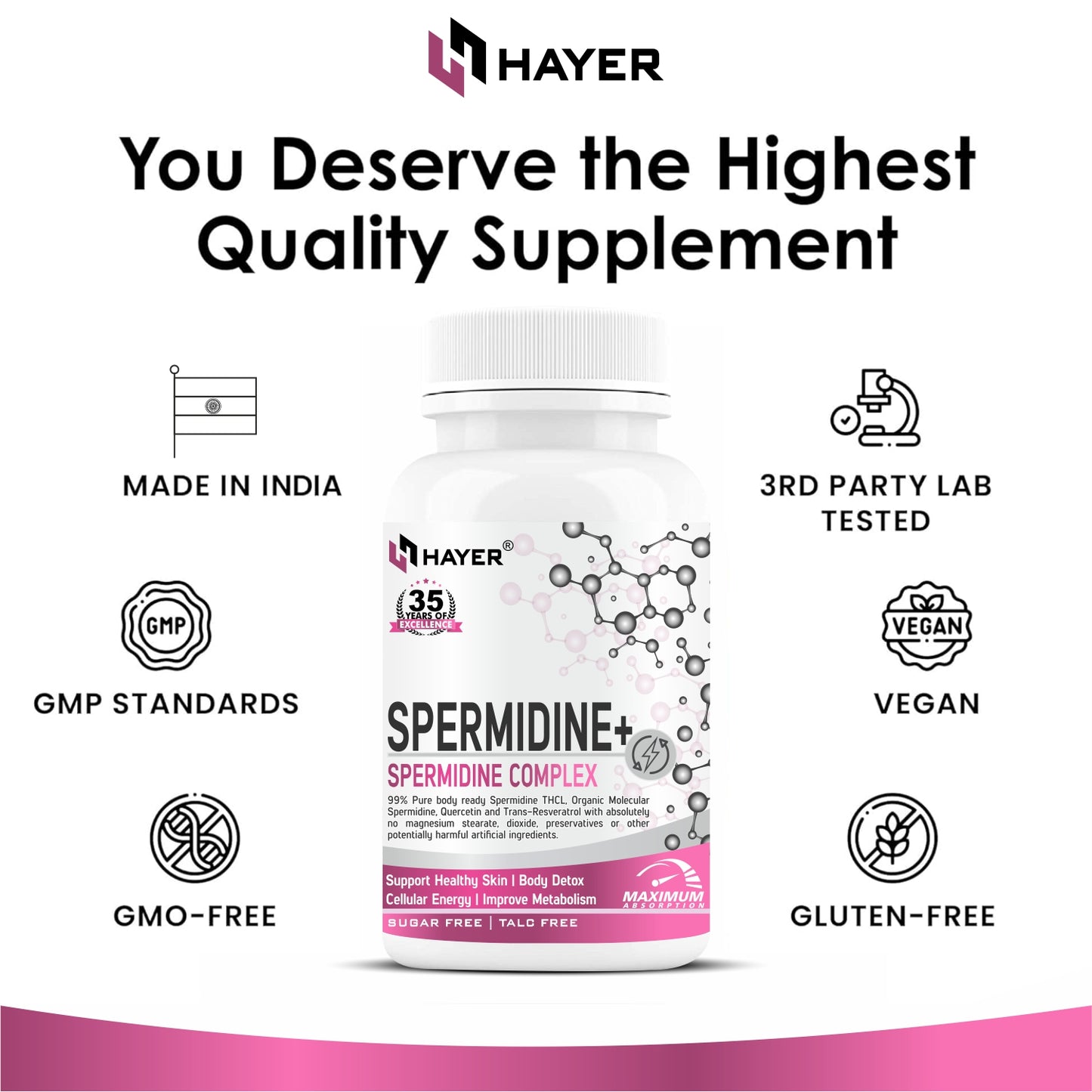 HAYER Liposomal Spermidine Supplement,98%+ Highly Purified and Bioavailable, 30 Tablets