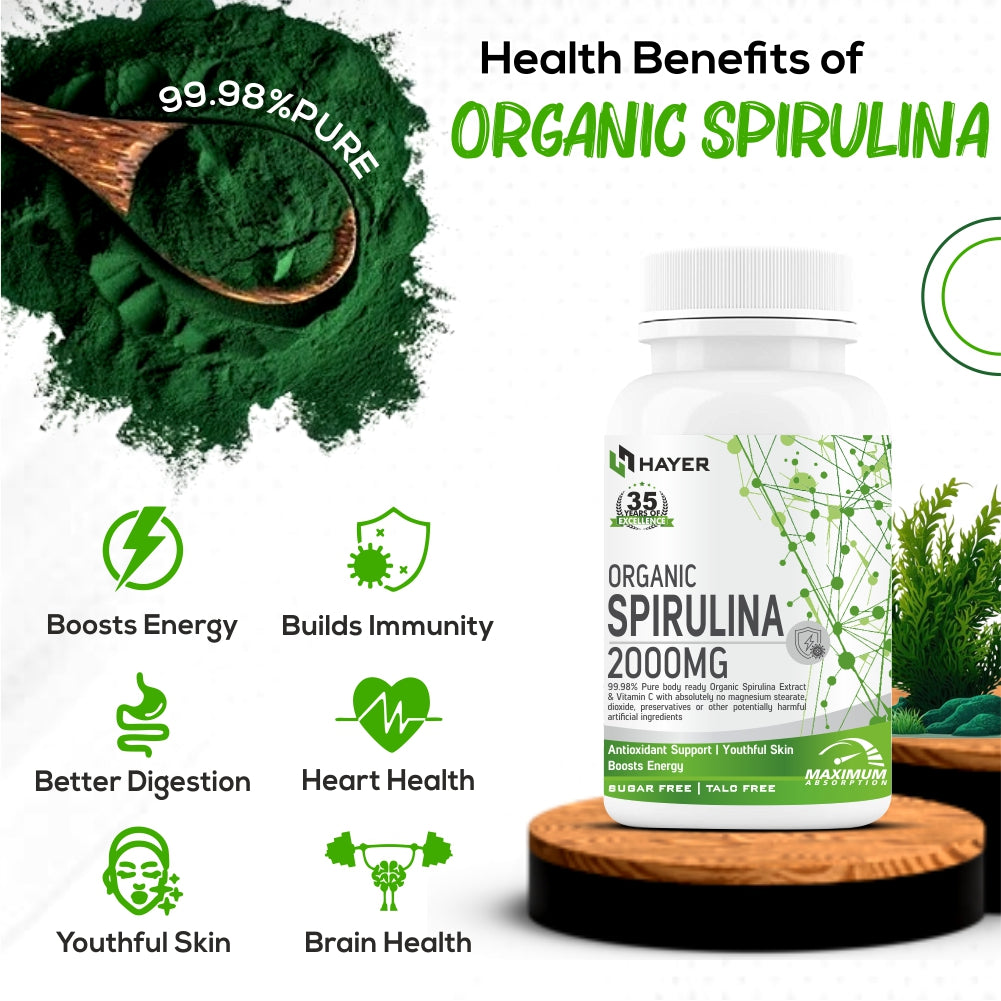 HAYER Spirulina Tablets 2000mg, Health Green Protein Superfood Nutritional Supplement-60 Tablet