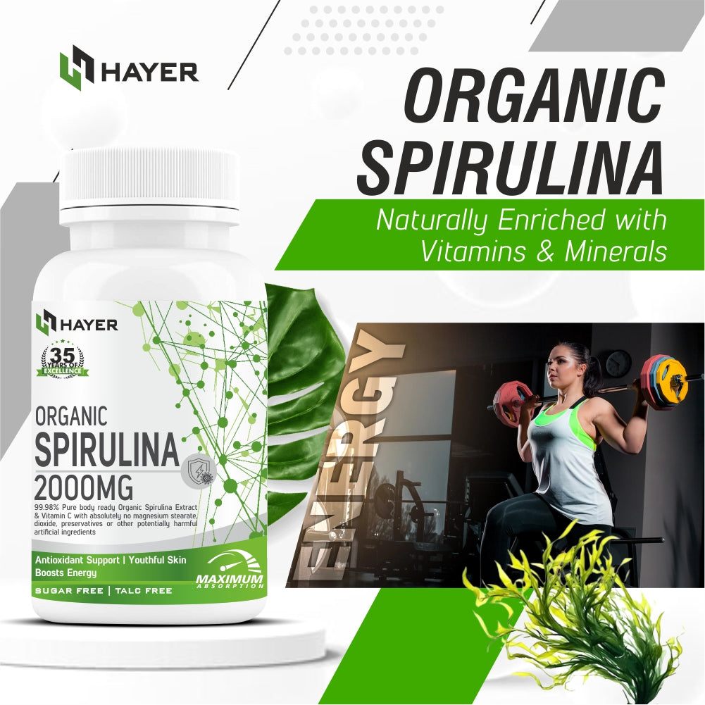 HAYER Spirulina Tablets 2000mg, Health Green Protein Superfood Nutritional Supplement-60 Tablet