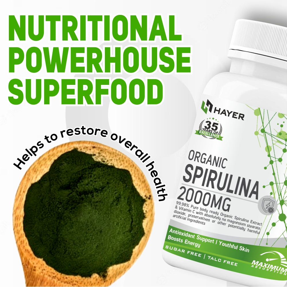 HAYER Spirulina Tablets 2000mg, Health Green Protein Superfood Nutritional Supplement-60 Tablet