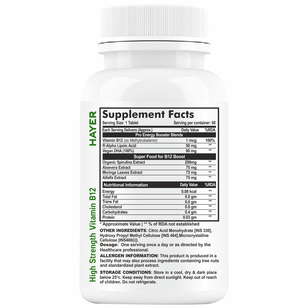 HAYER Vitamin B12 Tablets For Men, Healthy Nerve Function Supplements 60 Tablet Vegan