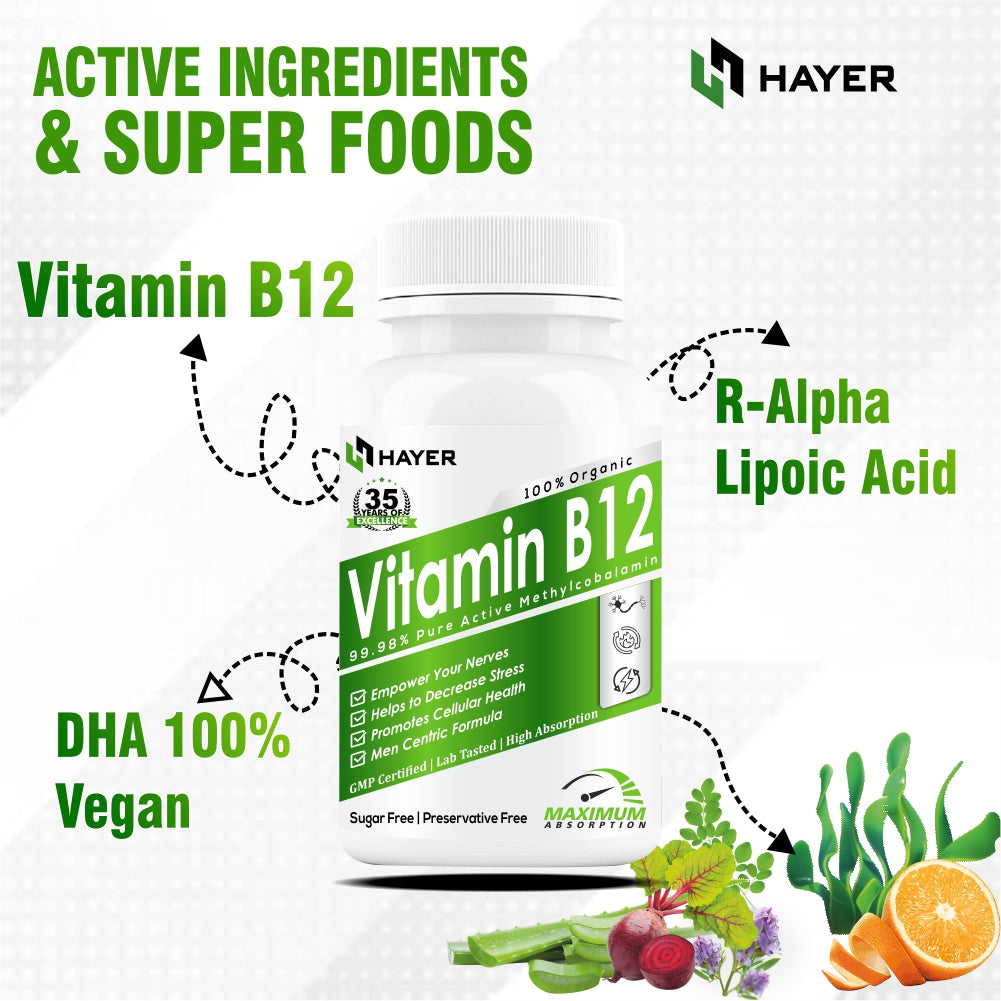 HAYER Vitamin B12 Tablets For Men, Healthy Nerve Function Supplements 60 Tablet Vegan