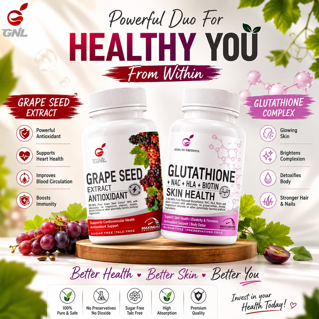 Glutathione Tablets & Grape Seed Extract Tablets  – Antioxidant Supplement Pack for Supporting Skin Brightening, Cellular Protection & Daily Health – Combo pack of 2