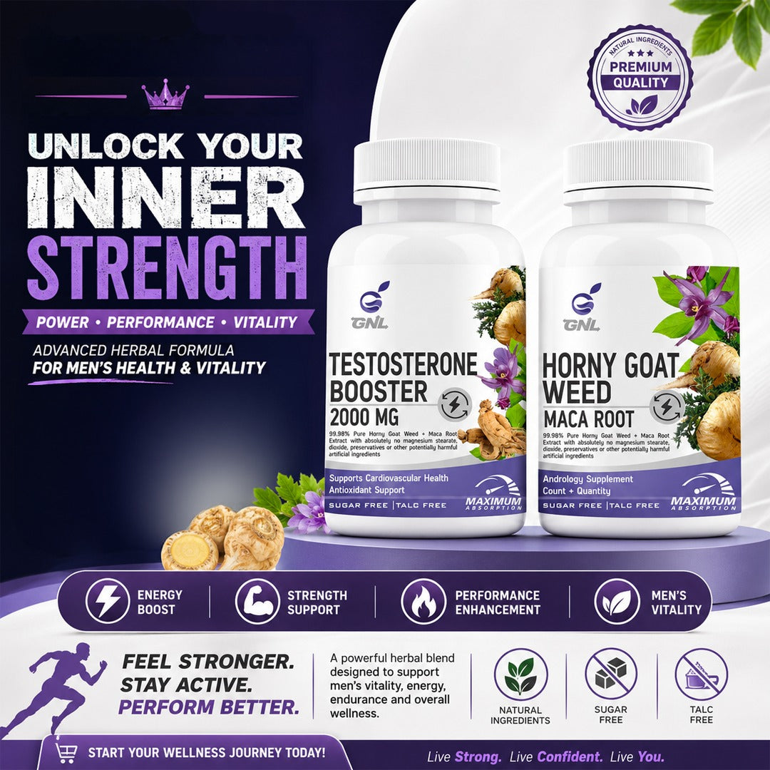 GNL Men's Vitality Combo Pack – Testosterone Booster 2000mg + Horny Goat Weed & Maca Root | Dual Formula for Energy, Stamina, Strength & Performance Support