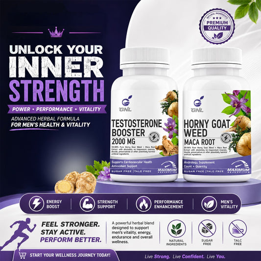 GNL Men's Vitality Combo Pack – Testosterone Booster 2000mg + Horny Goat Weed & Maca Root | Dual Formula for Energy, Stamina, Strength & Performance Support