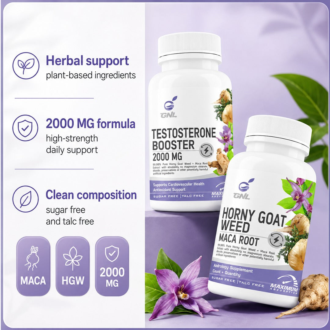 GNL Men's Vitality Combo Pack – Testosterone Booster 2000mg + Horny Goat Weed & Maca Root | Dual Formula for Energy, Stamina, Strength & Performance Support
