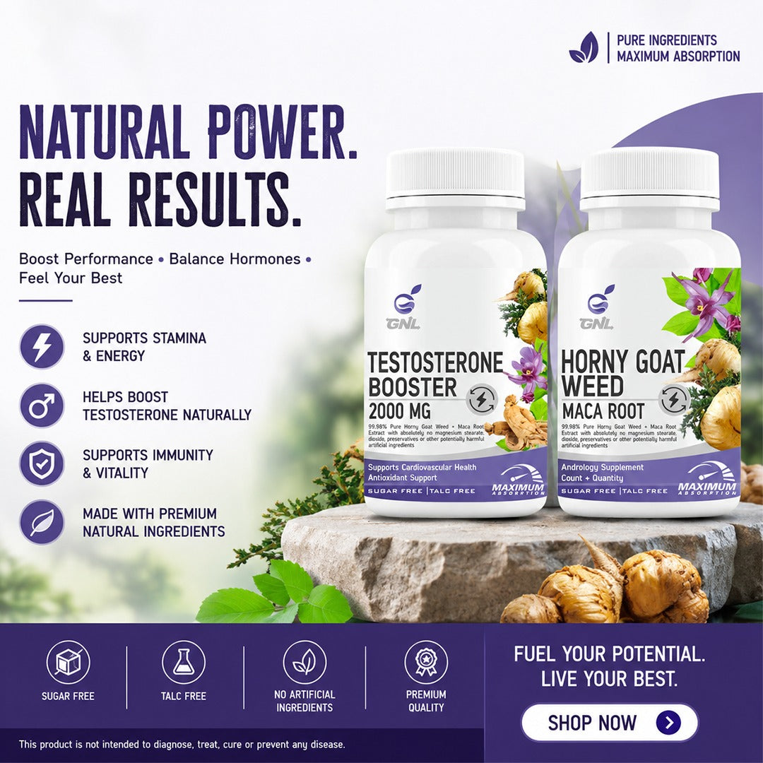 GNL Men's Vitality Combo Pack – Testosterone Booster 2000mg + Horny Goat Weed & Maca Root | Dual Formula for Energy, Stamina, Strength & Performance Support