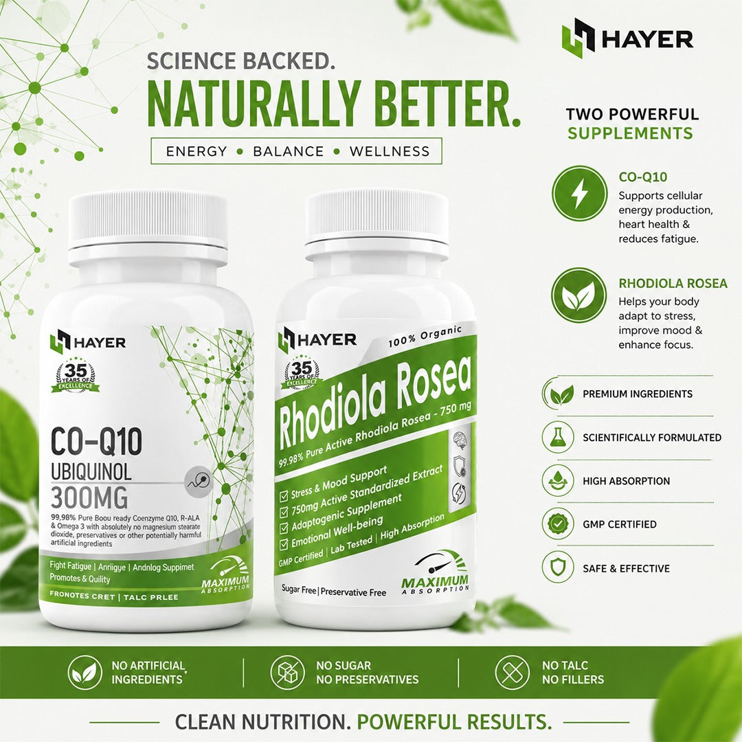 Ultimate Energy, Focus & Wellness Combo Pack | Hayer CoQ10 300mg + Rhodiola Rosea | Daily Vitality & Stress Support Formula